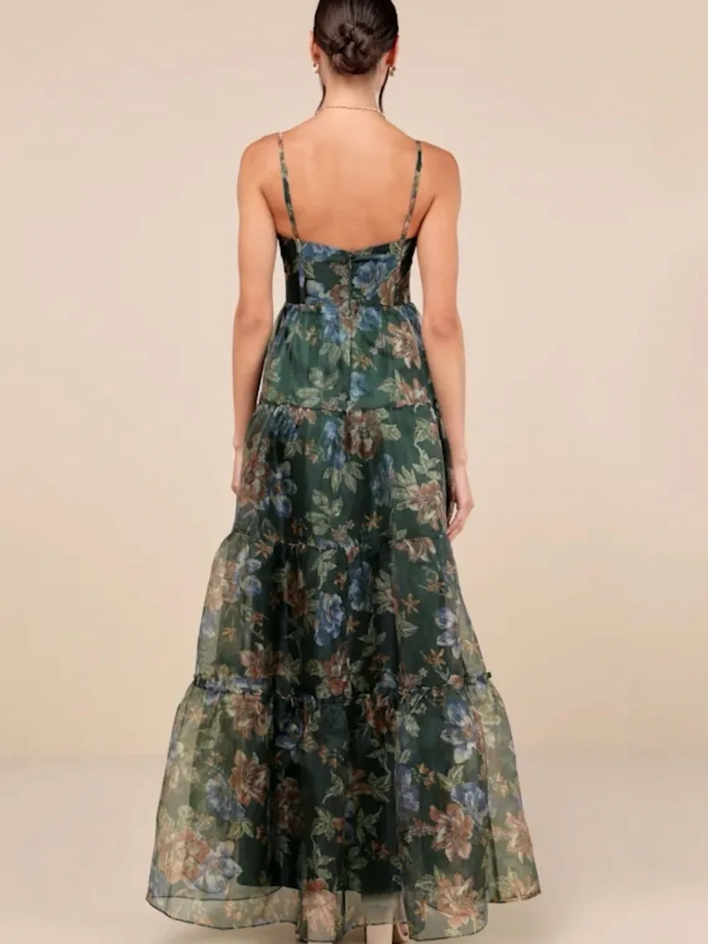 Lulu's Dark Green Floral Spaghetti-Strap Maxi Dress - Picture 2 of 4